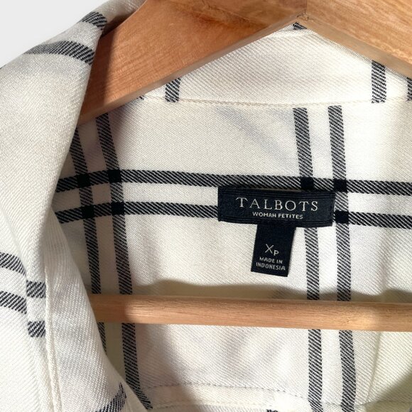 🍂🍁 TALBOTS Button Up Blouse XP White Black Rayon Casual to Office - Picture 4 of 7